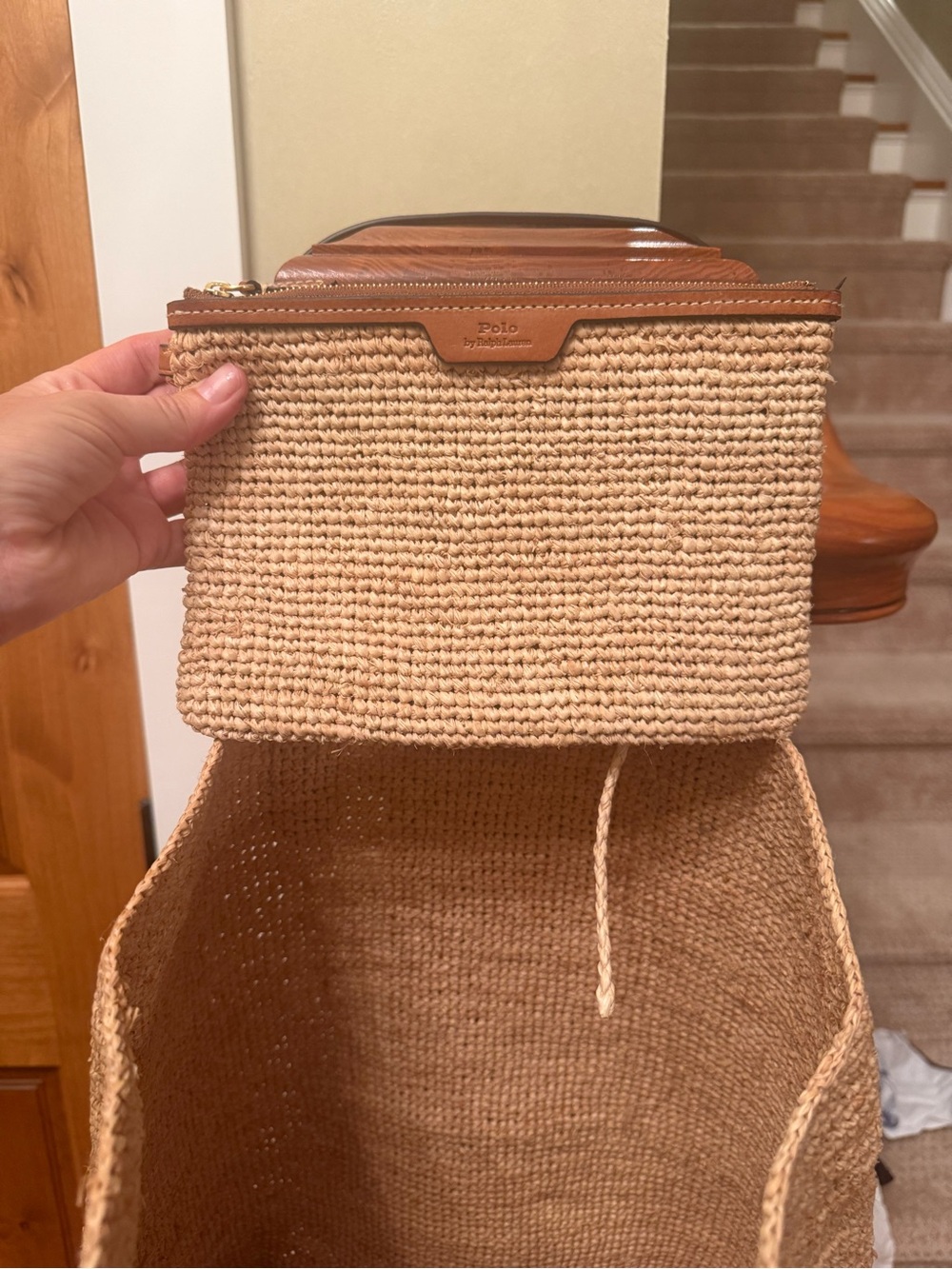 Ralph Lauren Tan Straw Tote with Brown Leather Polo Emblem - Picture 6 of 8